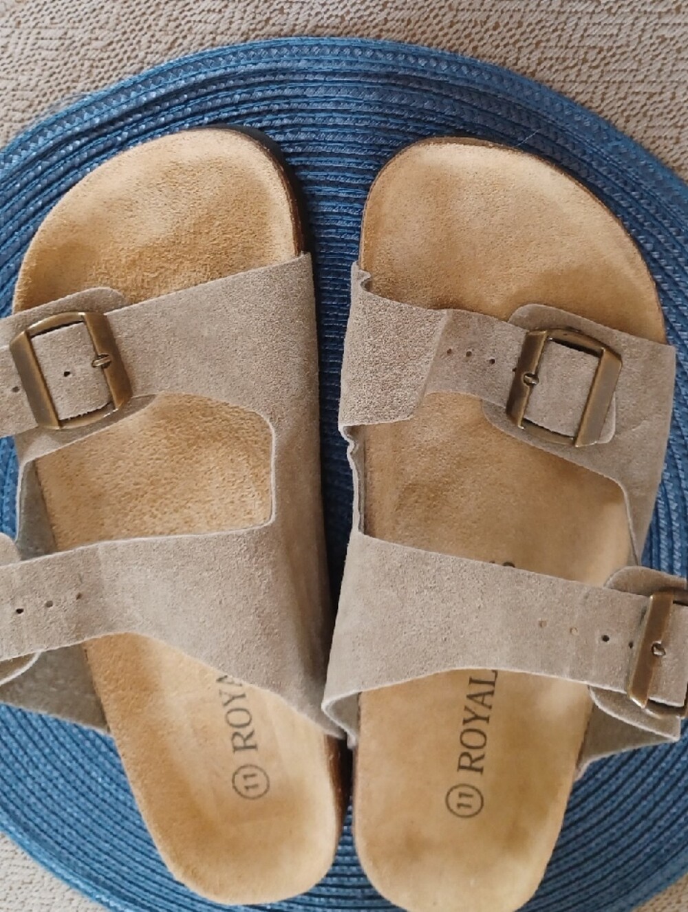 Taupe Suede Double-Buckle Slide Sandals for Men Size 11